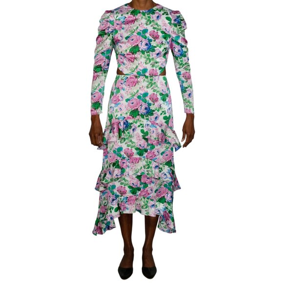 Wayf Pink Floral Print on White Satin Long Sleeve Dress with Side Cut Outs - NWT - Picture 2 of 12